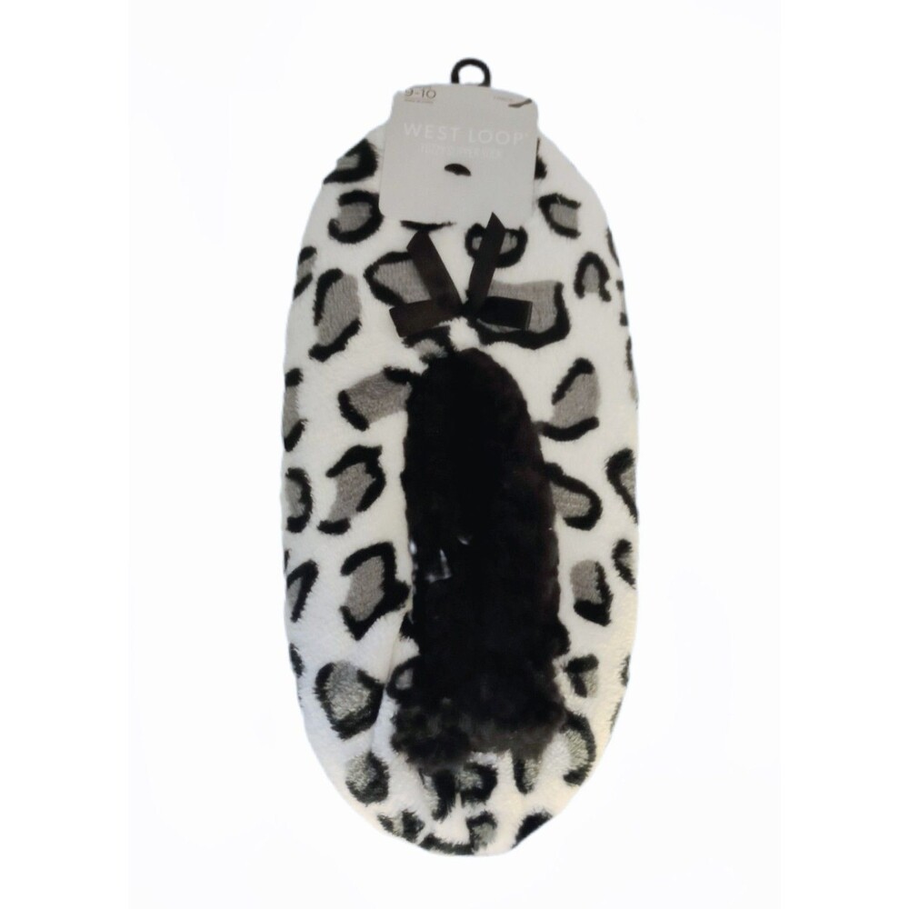 NWT West Loop Comfy Fuzzy Slipper Socks White Leopard Print sz 9/10 Womens